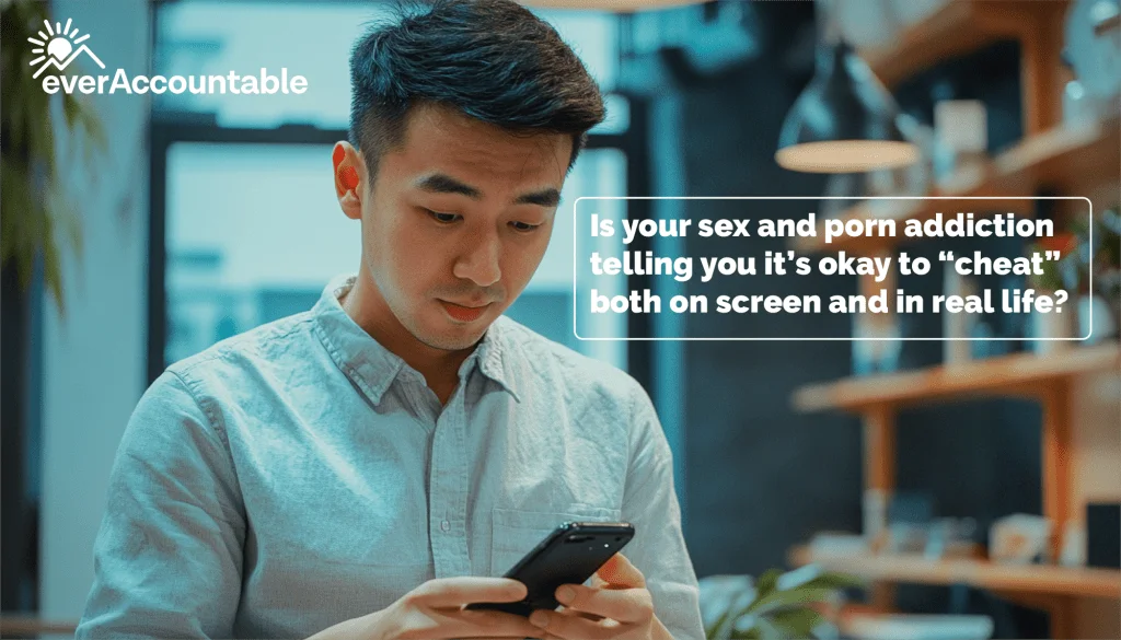 Young Asian man looking at his phone screen how much porn is an addiction and is porn cheating